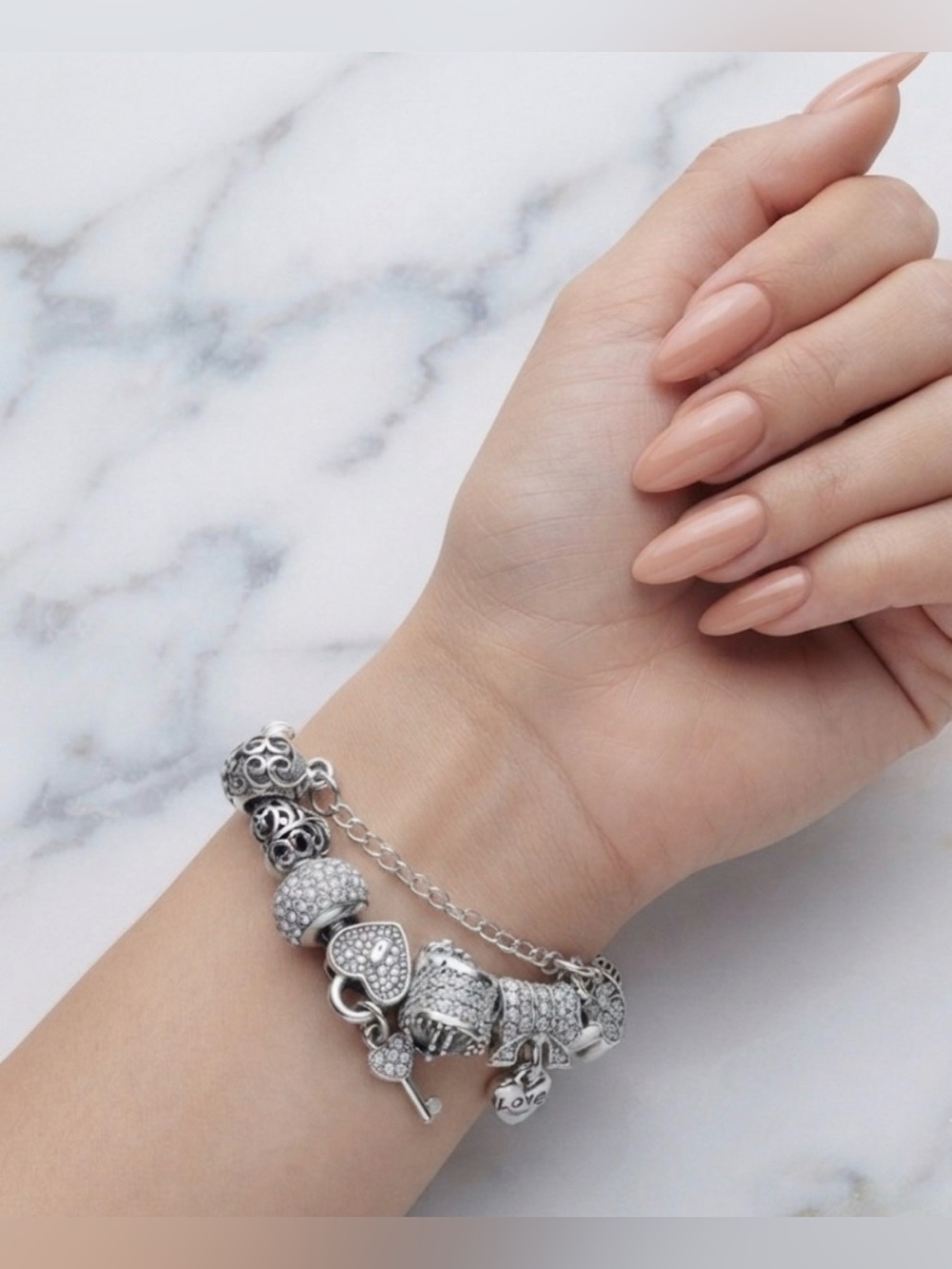 Silver Charm Bracelet Crystal Lock Pandora Style